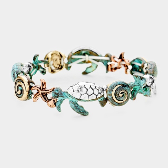 Lazy Beach Girl Jewelry - STARFISH TURTLE METAL DISC STRETCH BRACELET
